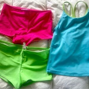 L.L. Bean Girls Sz 10Tankini Top + 2 bottoms Neon Swim Turquoise, Hot Pink, Lime